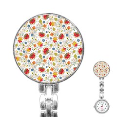 Red Yellow Flower Pattern Stainless Steel Nurses Watch by designsbymallika