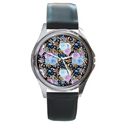 Rose Flower Pattern Round Metal Watch by designsbymallika