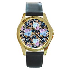 Rose Flower Pattern Round Gold Metal Watch by designsbymallika