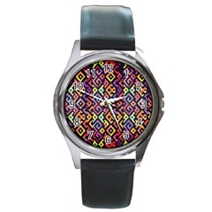 Square Pattern 2 Round Metal Watch by designsbymallika