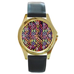 Square Pattern 2 Round Gold Metal Watch by designsbymallika