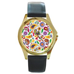 Baatik Print Round Gold Metal Watch by designsbymallika