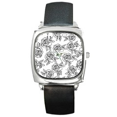 Line Art Black And White Rose Square Metal Watch by MintanArt