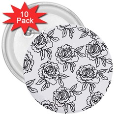 Line Art Black And White Rose 3  Buttons (10 Pack)  by MintanArt