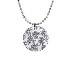 Line Art Black And White Rose 1  Button Necklace by MintanArt