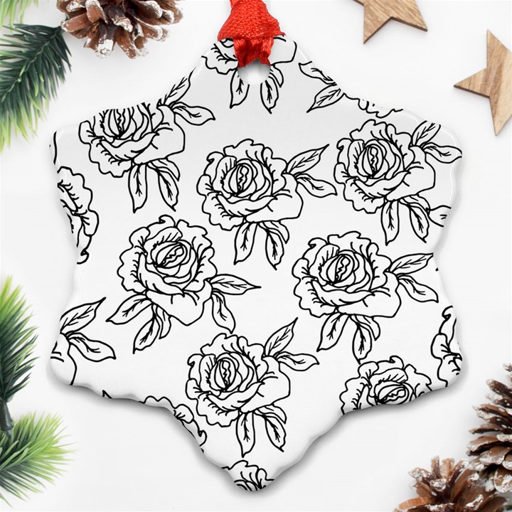 Line Art Black And White Rose Snowflake Ornament (Two Sides)