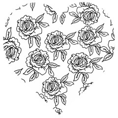 Line Art Black And White Rose Wooden Puzzle Heart by MintanArt