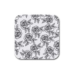 Line Art Black And White Rose Rubber Square Coaster (4 Pack) 