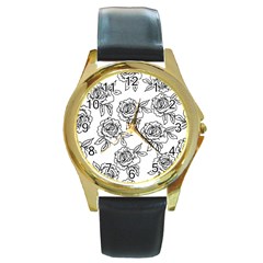 Line Art Black And White Rose Round Gold Metal Watch