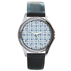 Blue Floral Pattern Round Metal Watch by MintanArt