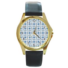 Blue Floral Pattern Round Gold Metal Watch by MintanArt