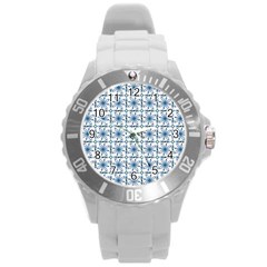 Blue Floral Pattern Round Plastic Sport Watch (l) by MintanArt