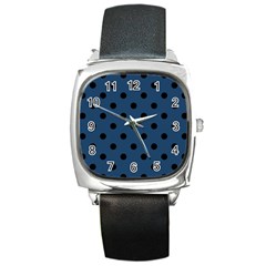 Large Black Polka Dots On Aegean Blue - Square Metal Watch by FashionLane