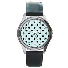 Large Black Polka Dots On Pale Blue - Round Metal Watch