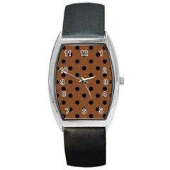 Large Black Polka Dots On Caramel Cafe Brown - Barrel Style Metal Watch by FashionLane