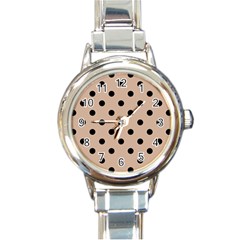 Large Black Polka Dots On Toasted Almond Brown - Round Italian Charm Watch