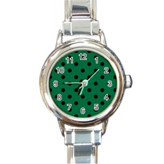 Large Black Polka Dots On Cadmium Green - Round Italian Charm Watch