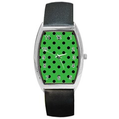 Large Black Polka Dots On Just Green - Barrel Style Metal Watch by FashionLane