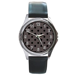 Large Black Polka Dots On Ash Grey - Round Metal Watch by FashionLane