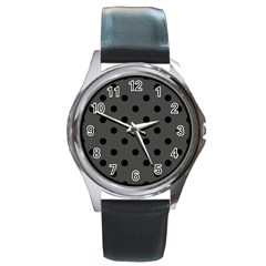 Large Black Polka Dots On Beluga Grey - Round Metal Watch by FashionLane