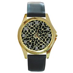 Dark Interlace Motif Mosaic Pattern Round Gold Metal Watch