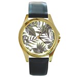 Tropical leaves Round Gold Metal Watch Front