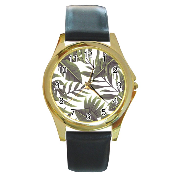 Tropical leaves Round Gold Metal Watch