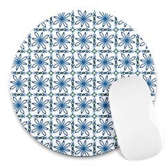 Azulejo Style Blue Tiles Round Mousepads by MintanArt