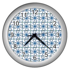 Azulejo Style Blue Tiles Wall Clock (silver) by MintanArt