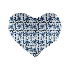 Azulejo Style Blue Tiles Standard 16  Premium Flano Heart Shape Cushions by MintanArt