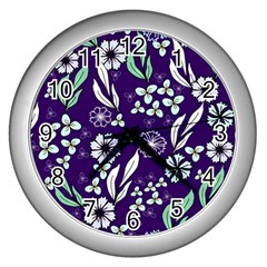 Floral Blue Pattern  Wall Clock (silver) by MintanArt