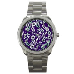 Floral Blue Pattern  Sport Metal Watch by MintanArt