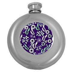 Floral Blue Pattern  Round Hip Flask (5 Oz) by MintanArt