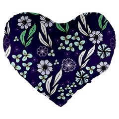 Floral Blue Pattern  Large 19  Premium Flano Heart Shape Cushions by MintanArt