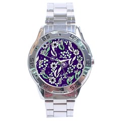 Floral Blue Pattern  Stainless Steel Analogue Watch by MintanArt