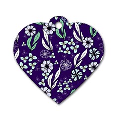 Floral Blue Pattern  Dog Tag Heart (one Side) by MintanArt