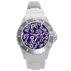 Floral Blue Pattern  Round Plastic Sport Watch (l) by MintanArt