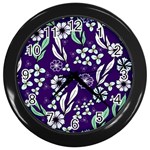 Floral blue pattern  Wall Clock (Black) Front