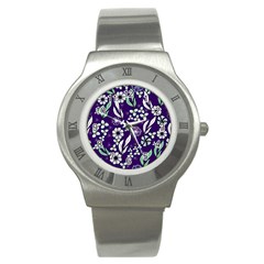 Floral Blue Pattern  Stainless Steel Watch by MintanArt