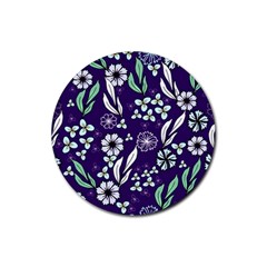 Floral Blue Pattern  Rubber Round Coaster (4 Pack) 