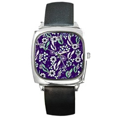 Floral Blue Pattern  Square Metal Watch by MintanArt