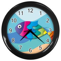 Illustrations Fish Sea Summer Colorful Rainbow Wall Clock (black) by HermanTelo