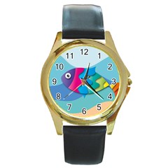 Illustrations Fish Sea Summer Colorful Rainbow Round Gold Metal Watch by HermanTelo