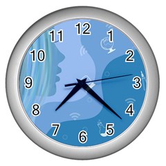 Online Woman Beauty Blue Wall Clock (silver) by Mariart