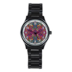 Colorful Boho Pattern Stainless Steel Round Watch by designsbymallika