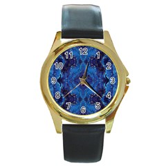 Blue Golden Marble Print Round Gold Metal Watch by designsbymallika