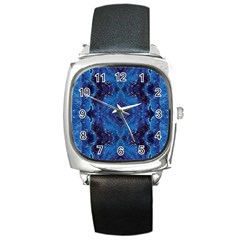 Blue Golden Marble Print Square Metal Watch by designsbymallika