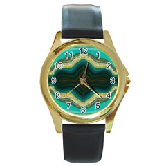 Green Golden Marble Print Round Gold Metal Watch by designsbymallika