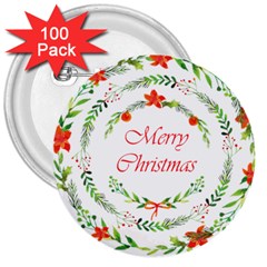 Merry Christmas 3  Buttons (100 Pack)  by designsbymallika