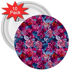 Pink Blue Flowers 3  Buttons (10 Pack)  by designsbymallika